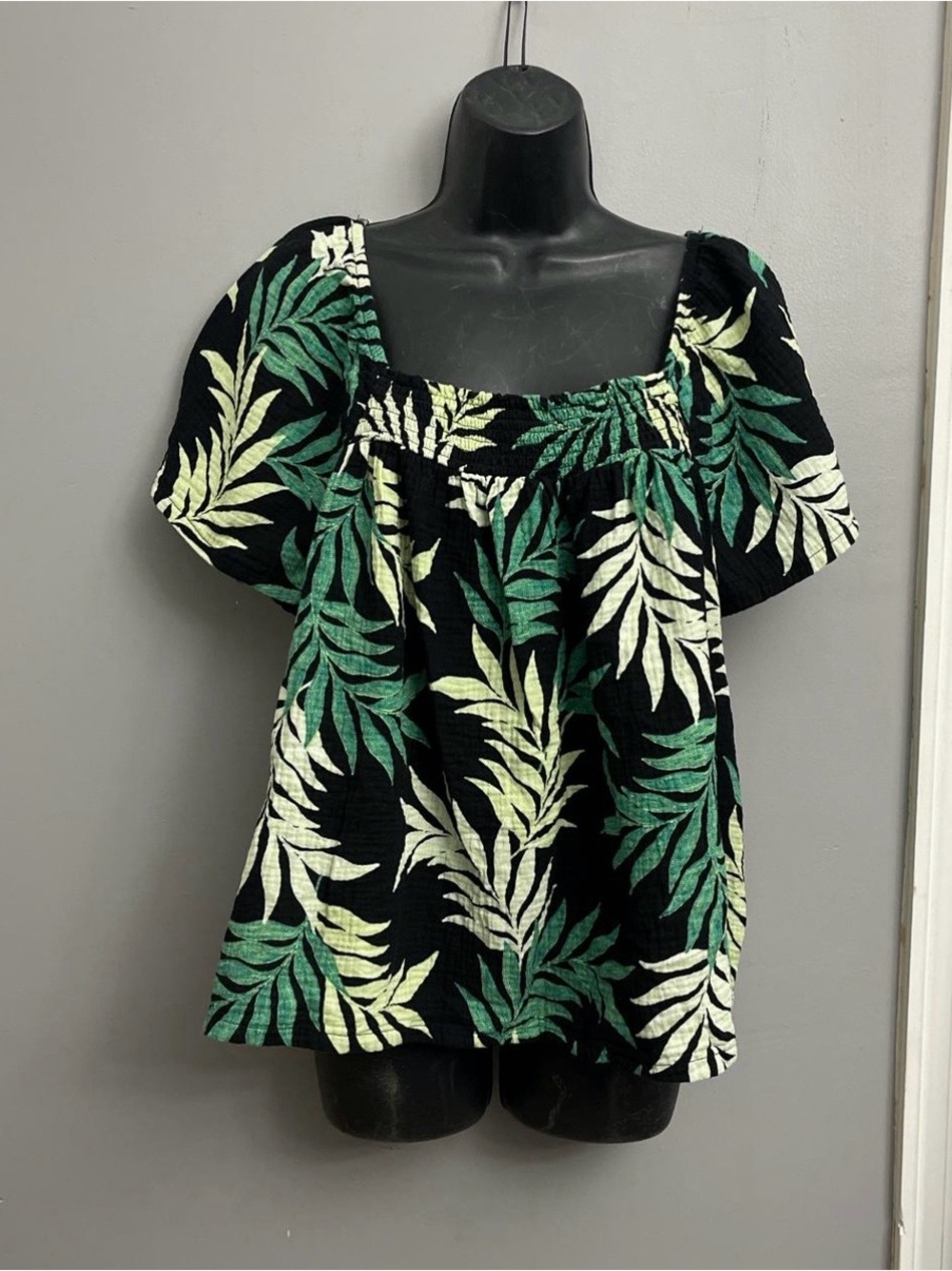 Black Square-Neck Blouse with Green & Cream tropical Print